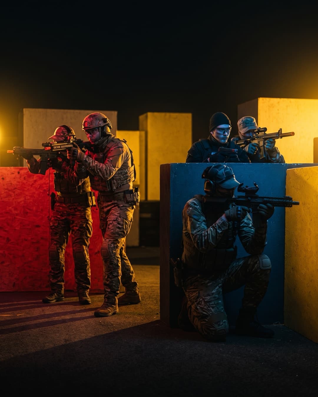 Dva týmy hráčů s airsoftovými replikami se kryjí za překážkami během mise