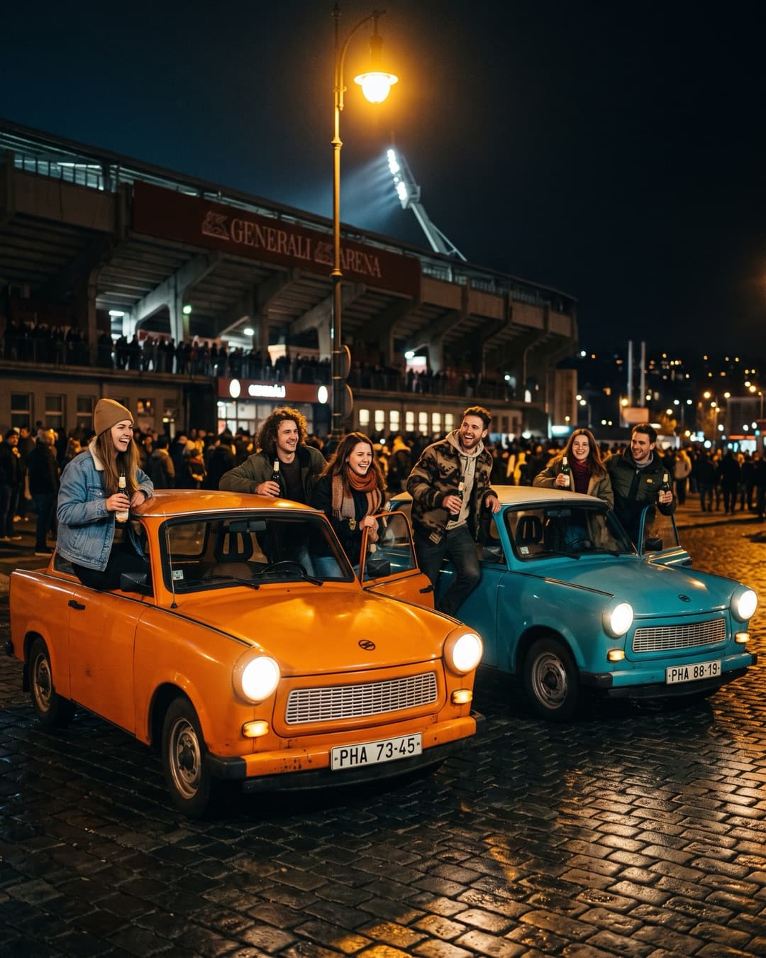Parta vystupuje z barevných Trabantů 601 u Strahovského stadionu