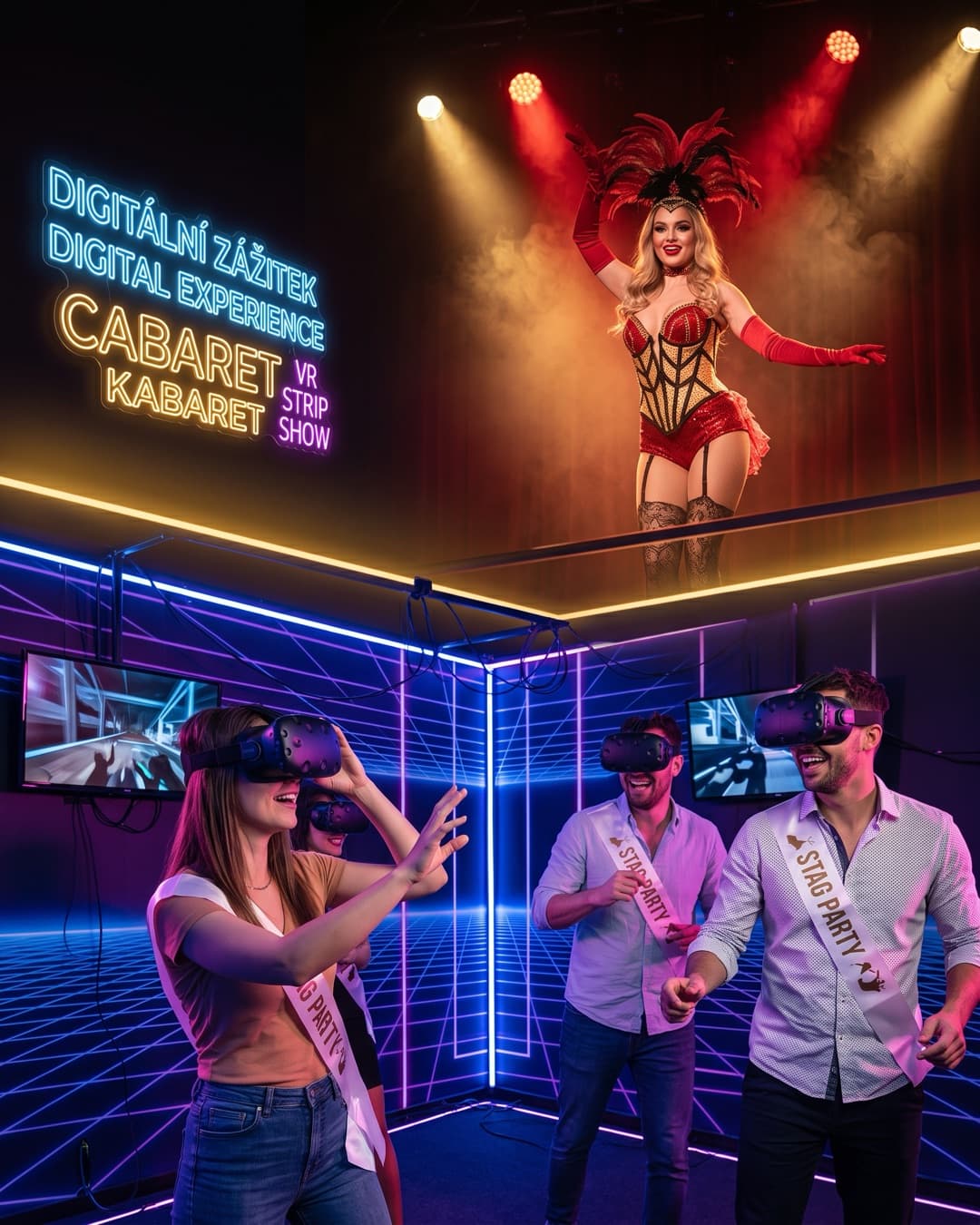 Parta ve VR aréně s headsety