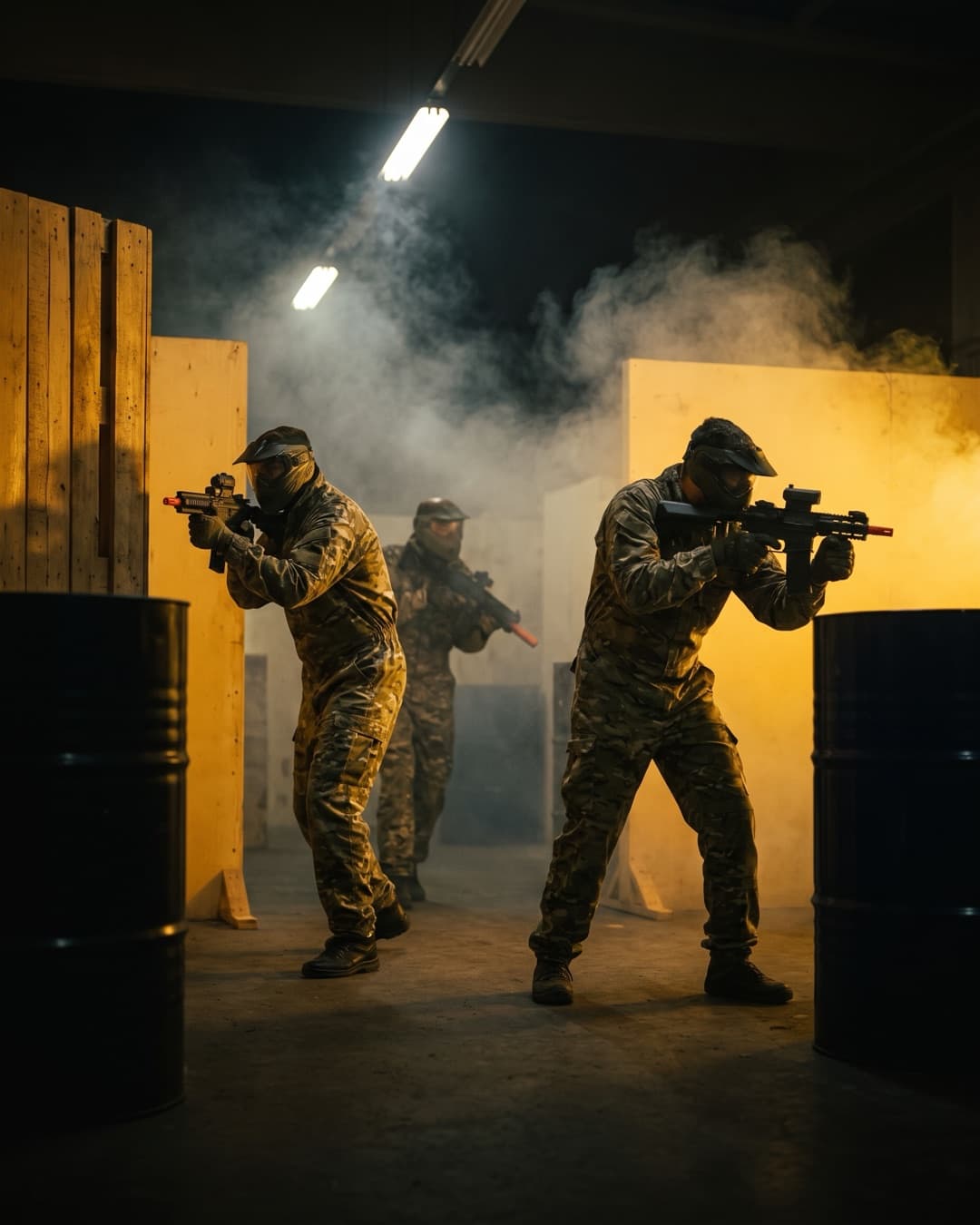 Hráči v kombinézách s airsoftovými zbraněmi mezi překážkami v kryté aréně