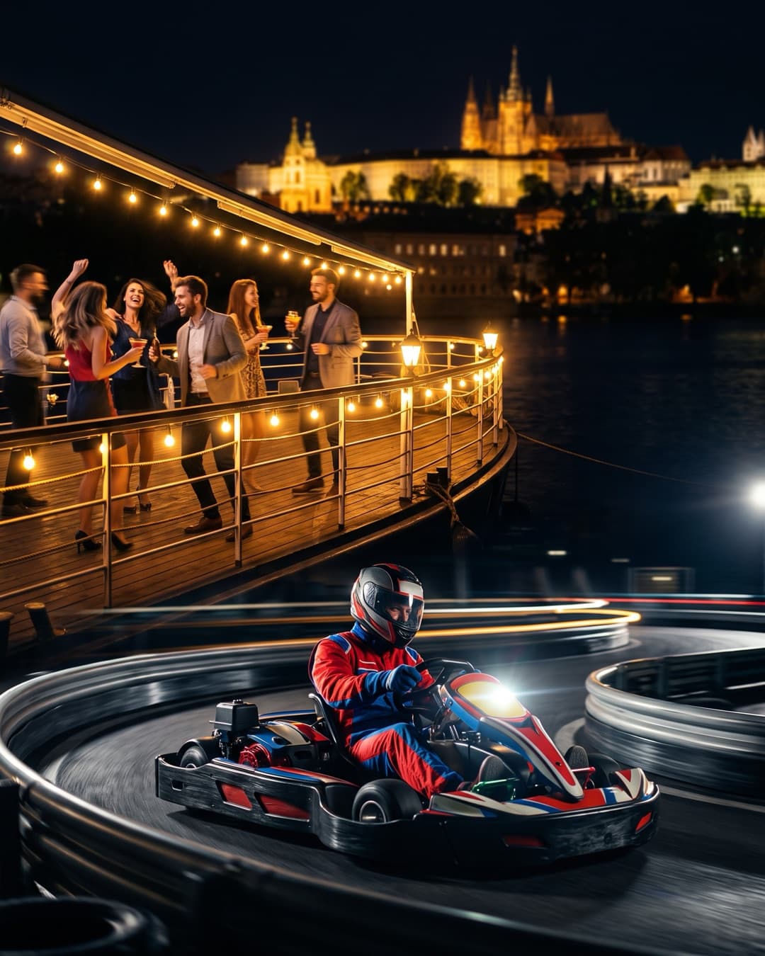 Parta v kombinézách a helmách na motokárové dráze, večer pak na palubě lodi na Vltavě