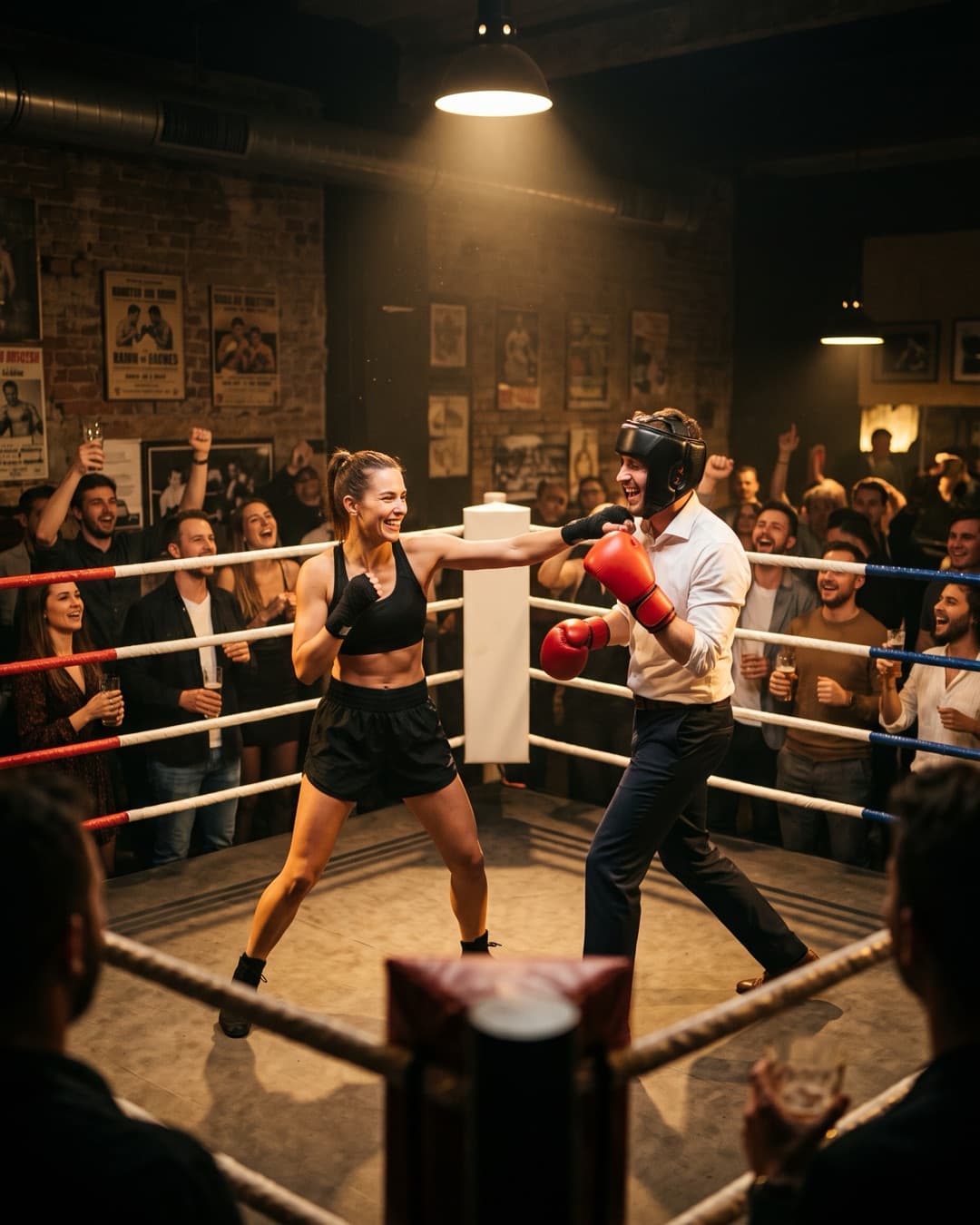 Ženich v rukavicích a chráničích v ringu proti profesionální boxerce