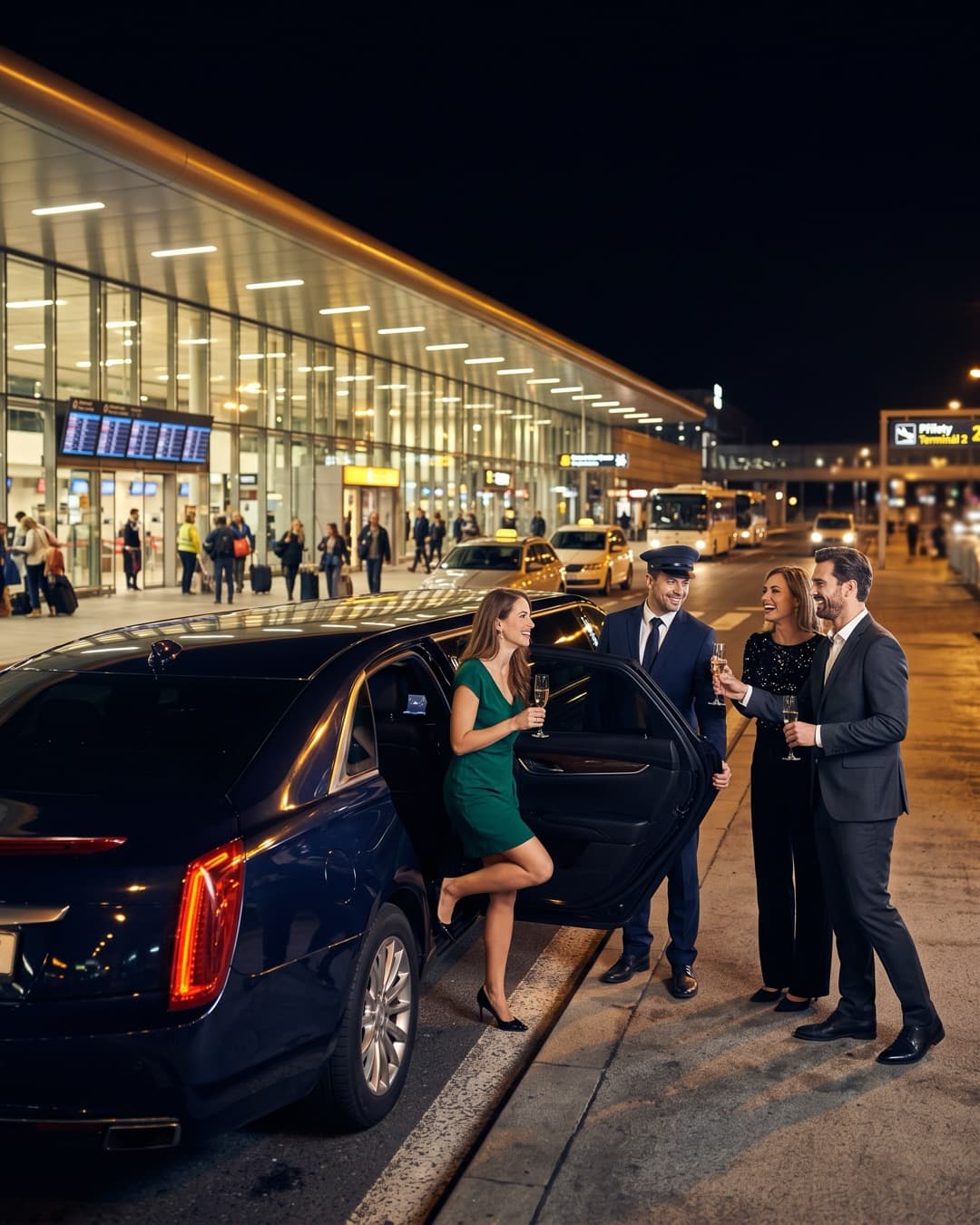 Dlouhá modrá limuzína Cadillac před terminálem, parta nastupuje se sektem