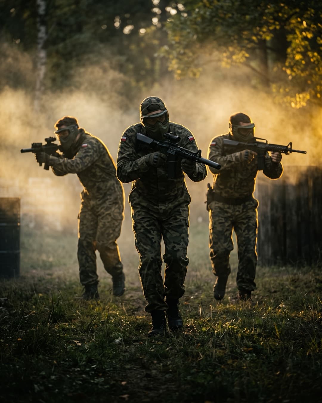 Hráči v kombinézách s airsoftovými zbraněmi postupují lesním terénem areálu