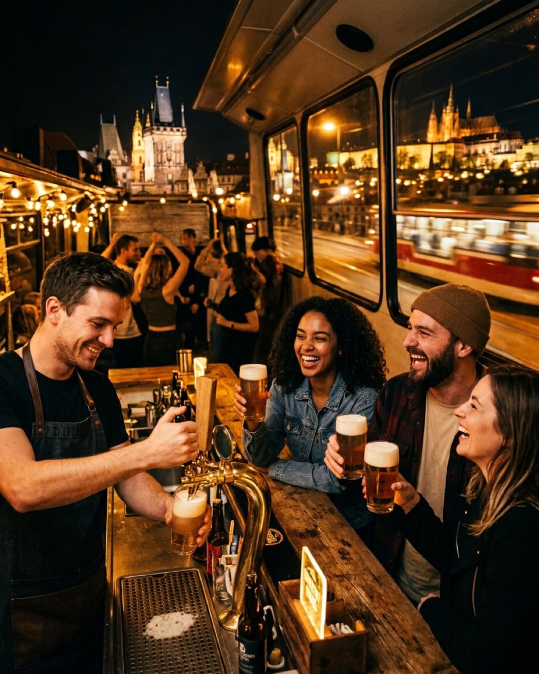 Parta s pivem v ruce uvnitř jedoucího beer busu, barman točí pivo