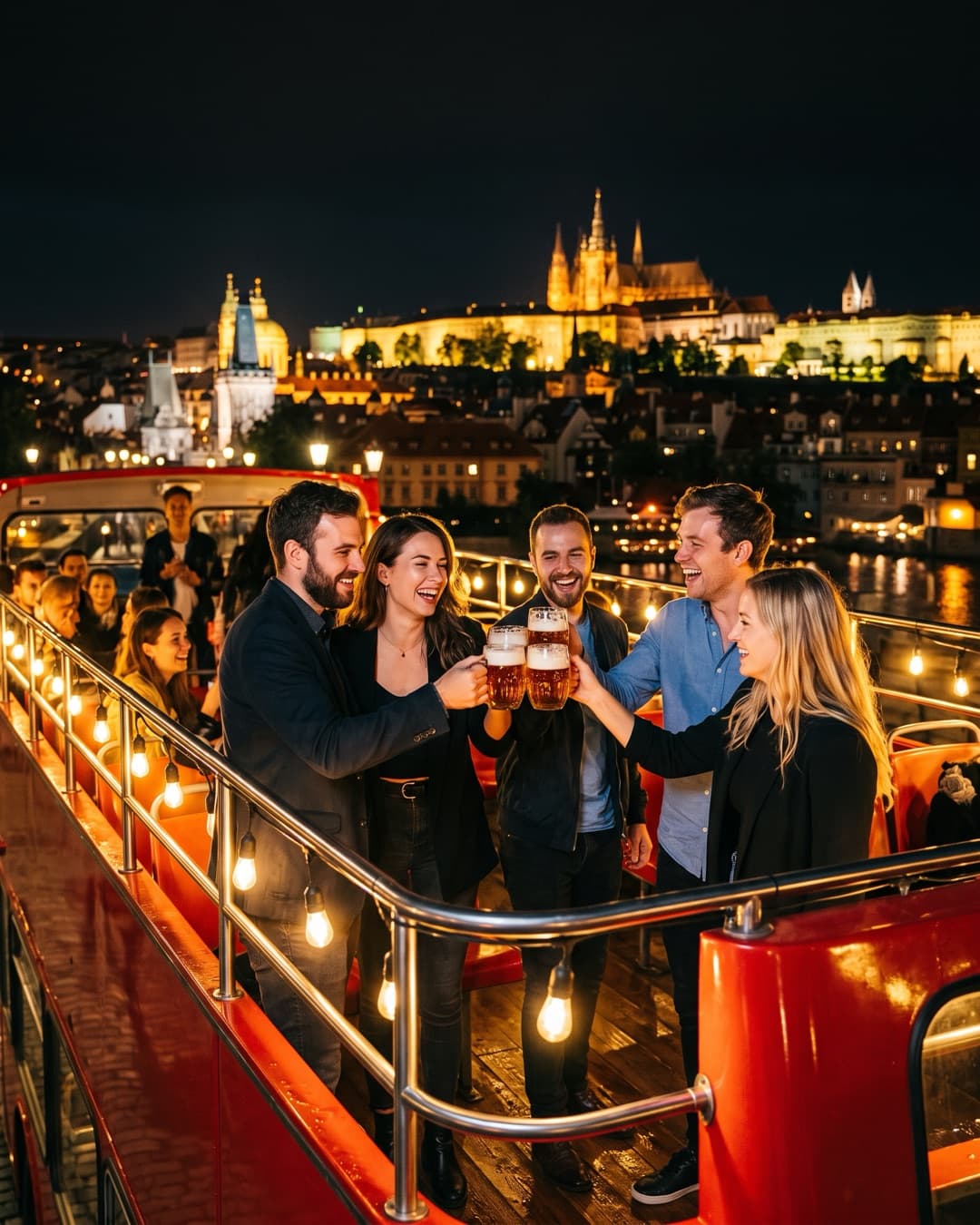 Otevřené horní patro beer busu, parta si připíjí pivem nad střechami Prahy