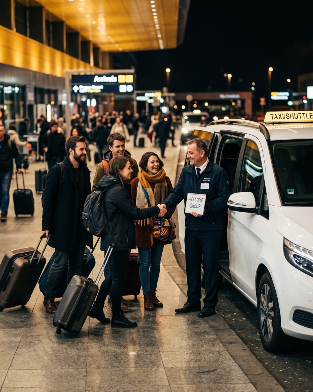Řidič vítá partu s kufry v příletové hale pražského letiště u bílého minibusu