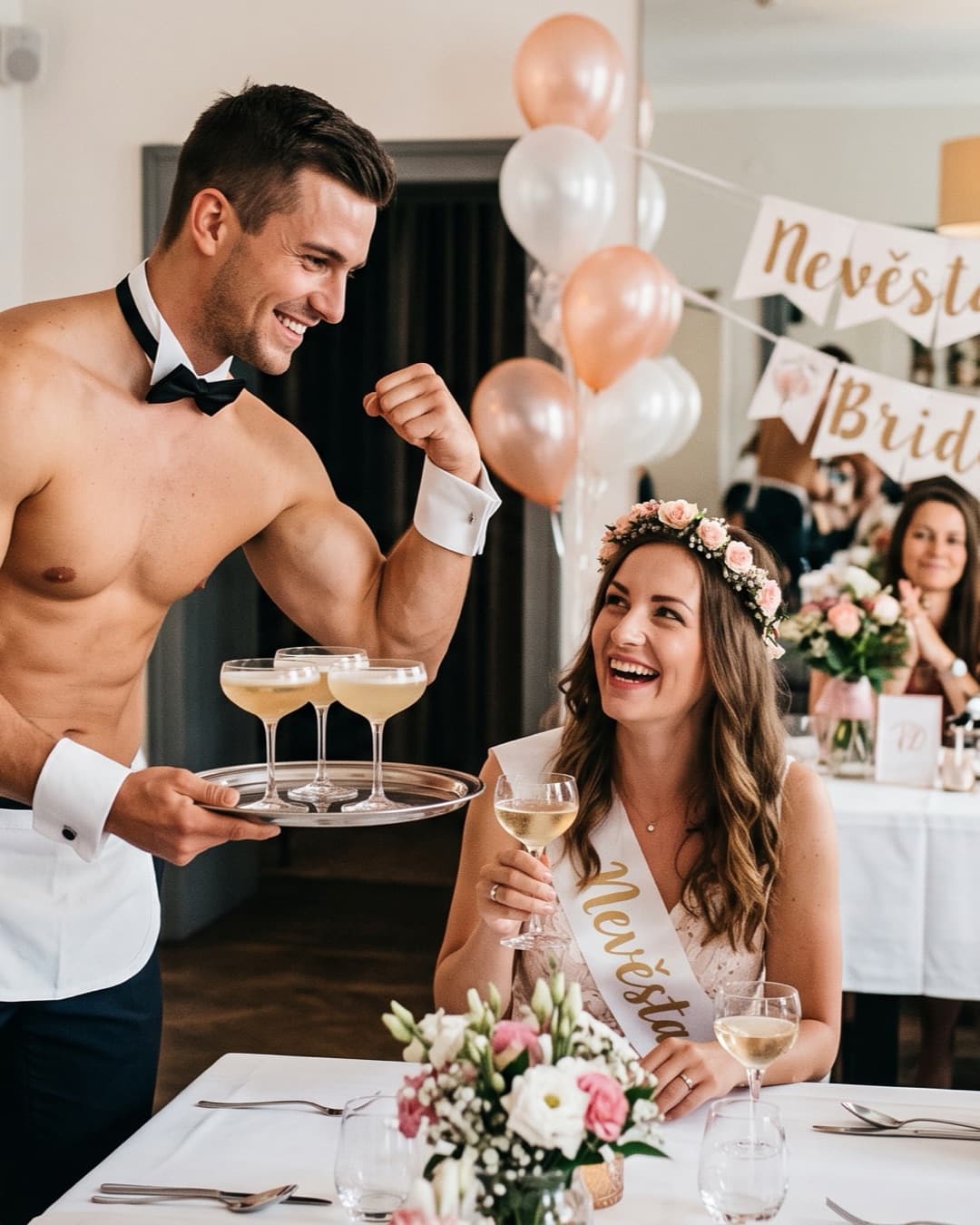 Butler bez košile s tácem drinků obsluhuje nevěstu a její kamarádky