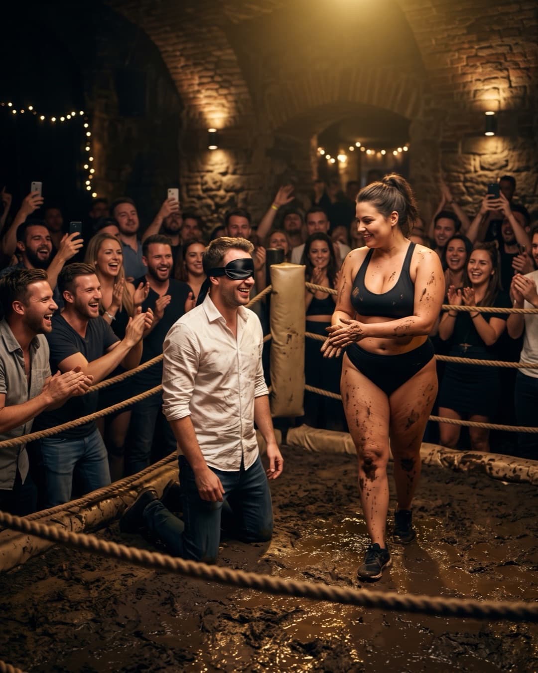 Ženich se zavázanýma očima u bazénku s bahnem, XXL striptérka přichází