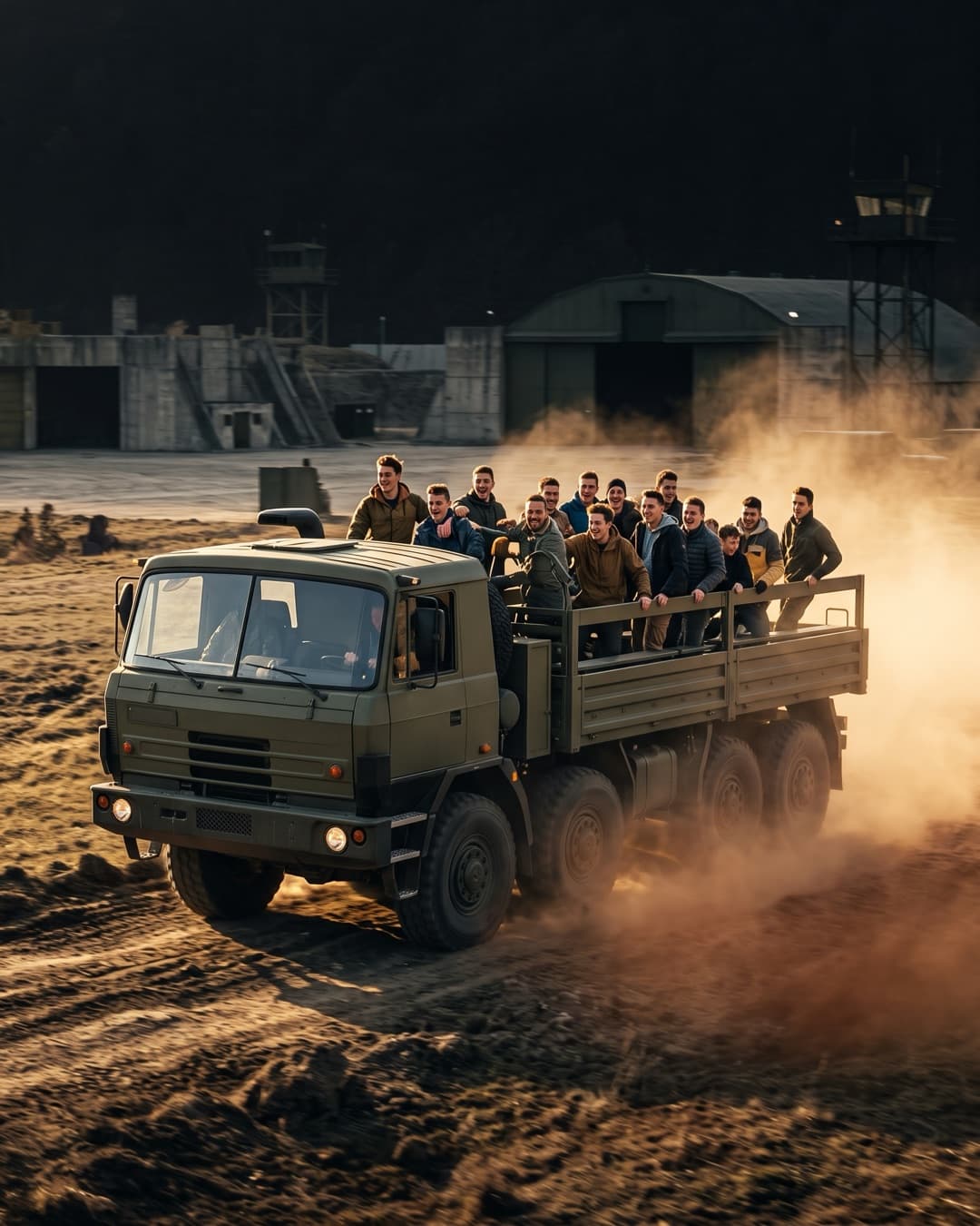 Vojenská Tatra T-815 s partou uvnitř projíždí vojenskou základnou