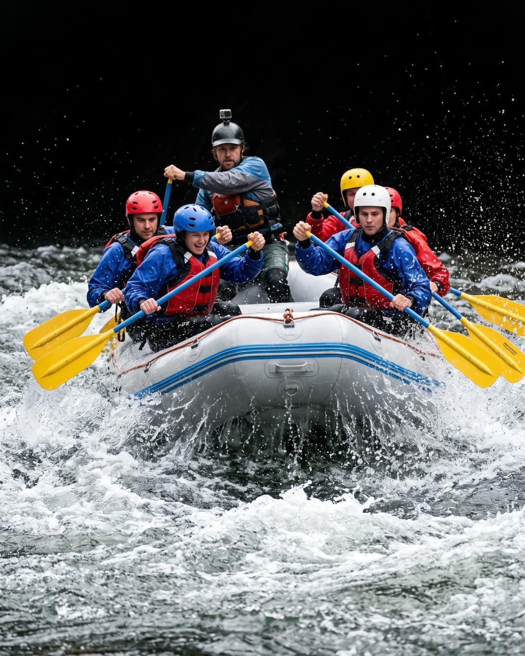 Raft se šesti pádlujícími a instruktorem v peřejích kanálu u Veltrus