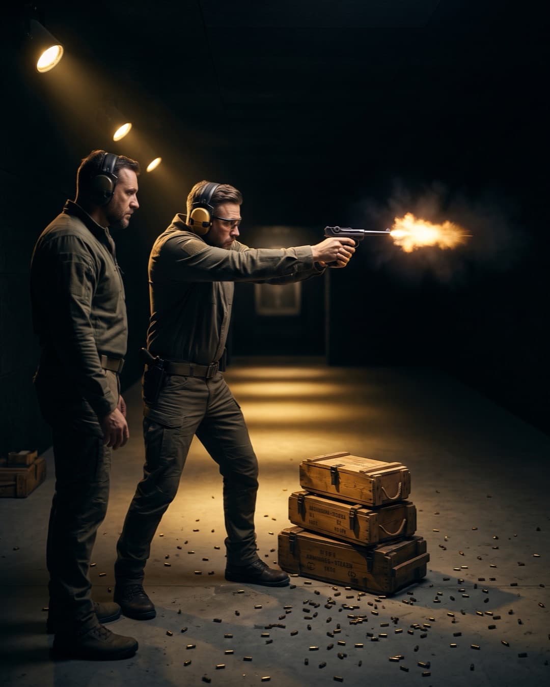 Střelec míří historickou pistolí na terč na kryté střelnici, vedle něj instruktor