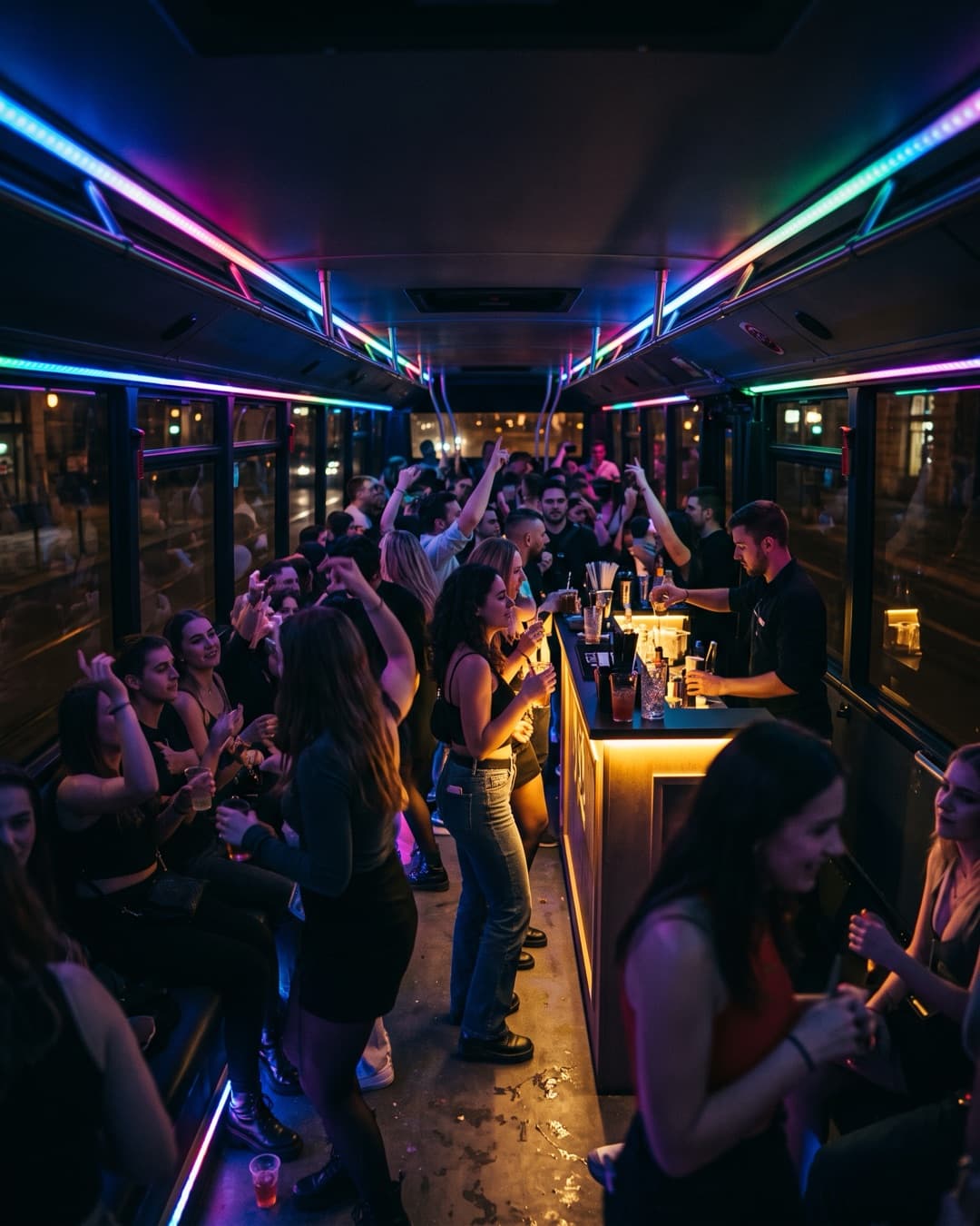 Velká skupina tančí uvnitř XXXL party busu s barevnými světly a barem