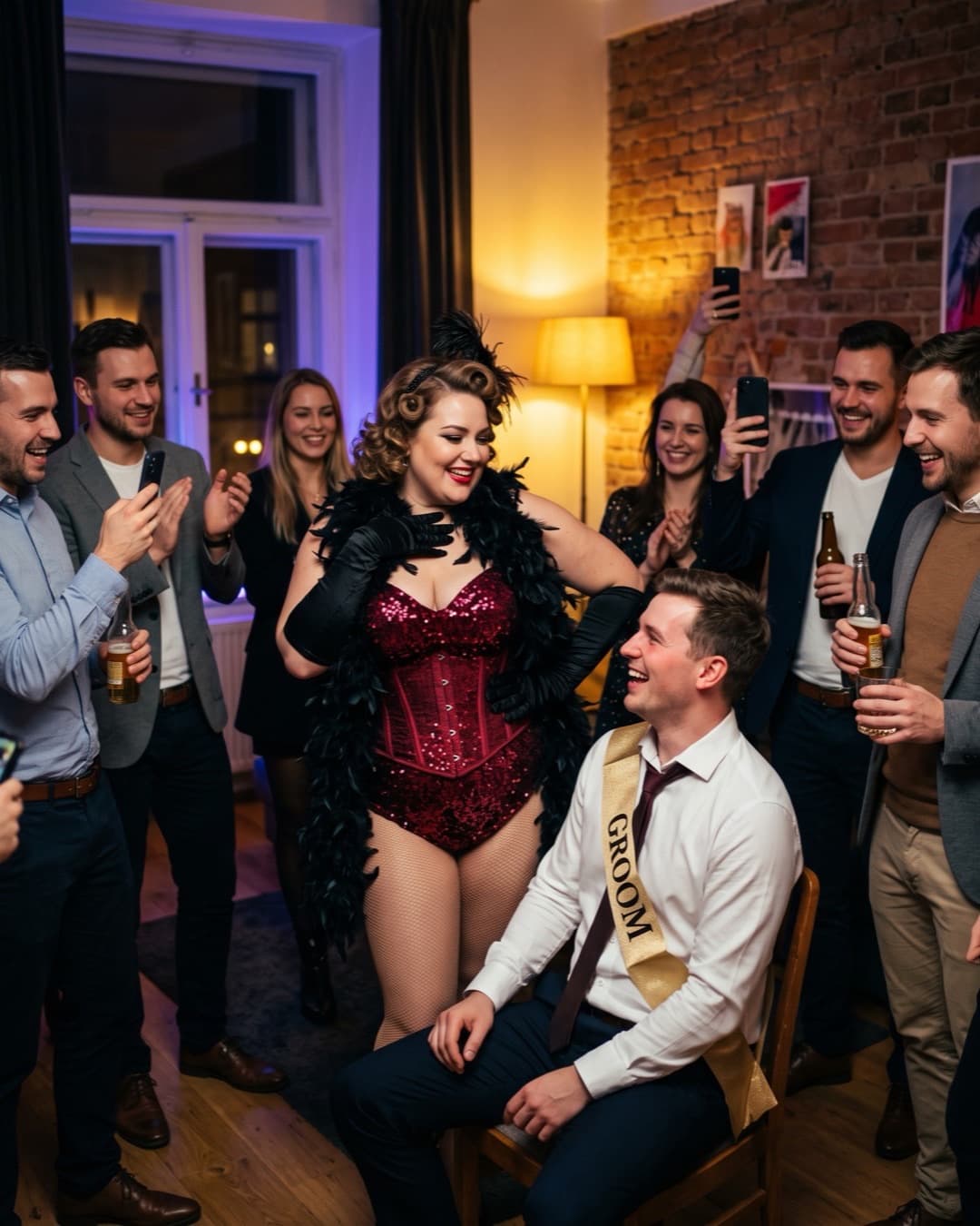 Plus-size striptérka vstupuje před ženicha a jeho partu v pronajatém bytě